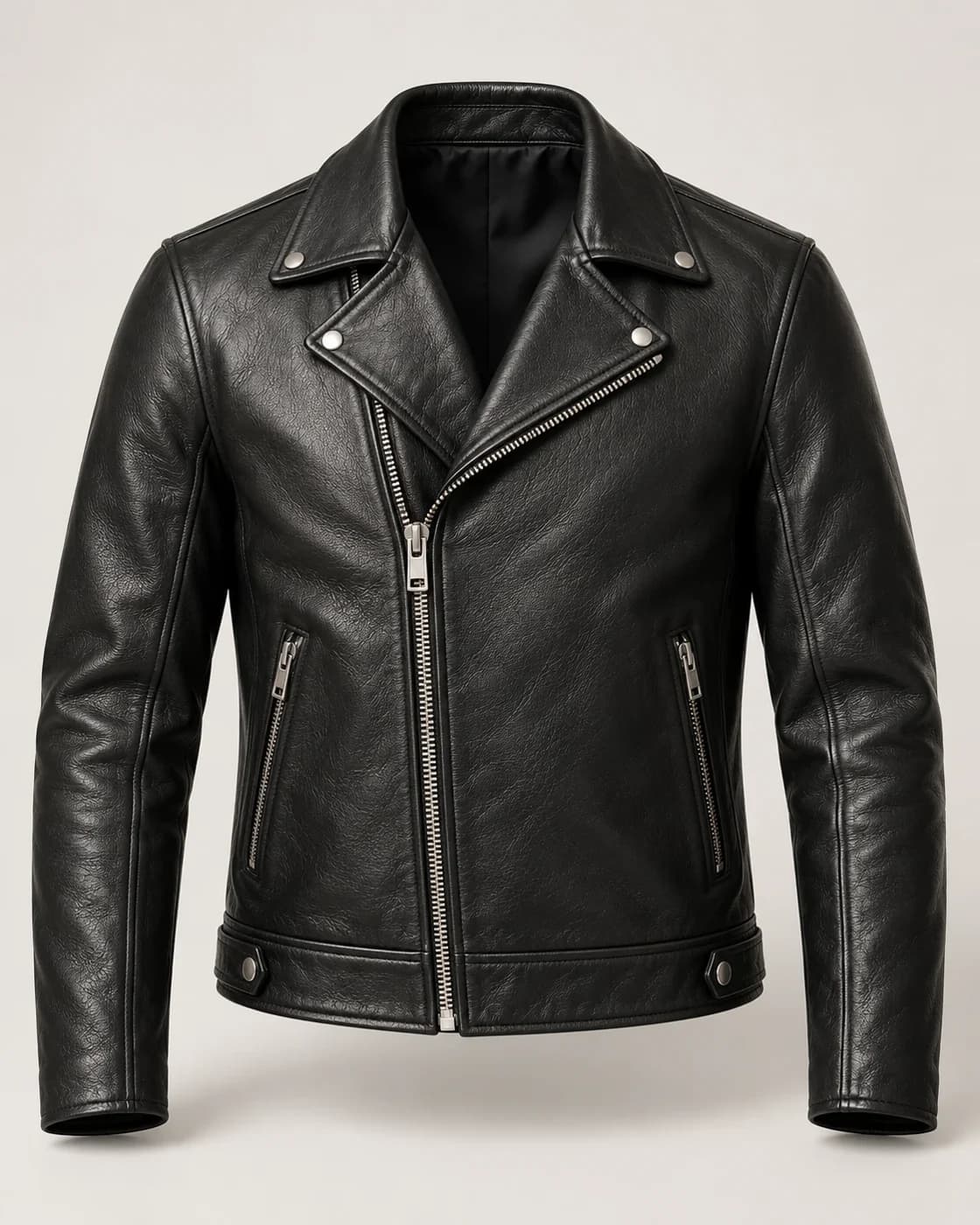 Men's leather biker jacket in black, front view, asymmetric zip
